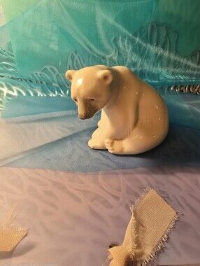 Lladro Cream Ceramic Bear Figurine with Blue Maker's Mark